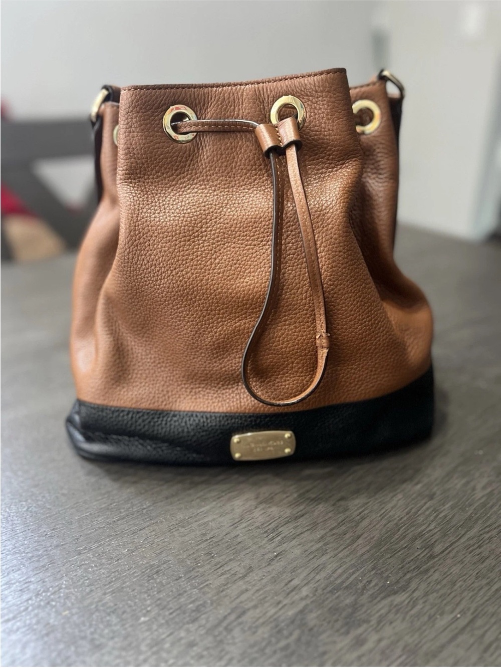 Michael Kors Medium Leather Bucket Bag in Brown and Black - Designer Style